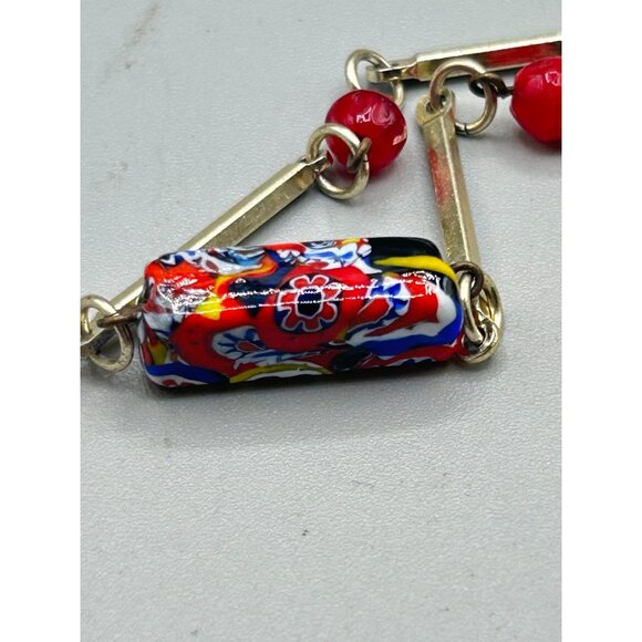 Vintage Red Millefiori Murano Glass Necklace Station Beads & Gold Tone Links - Picture 3 of 6